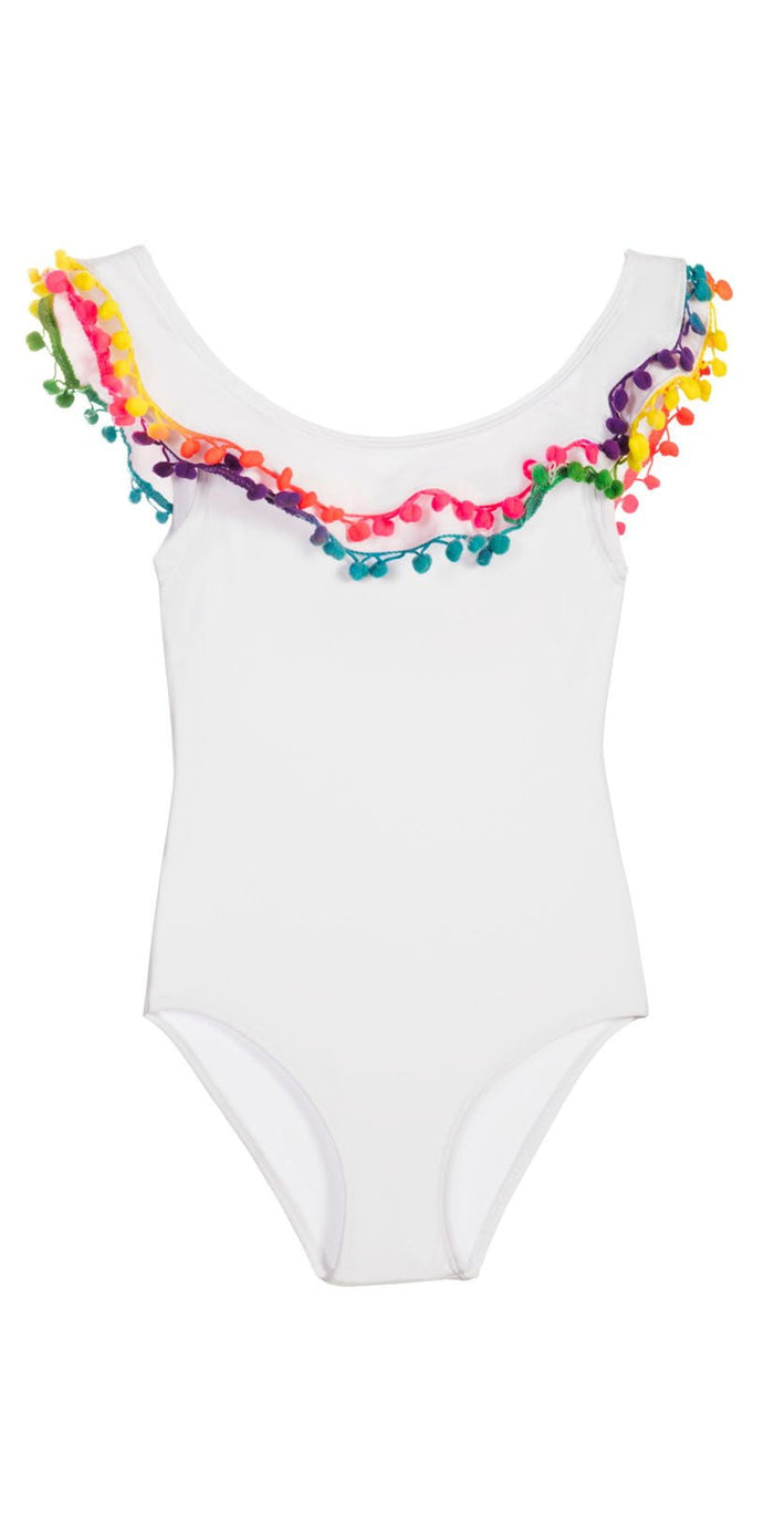 PilyQ Girls Cottom Candy Pom Pom One Piece In White COT 608P:
