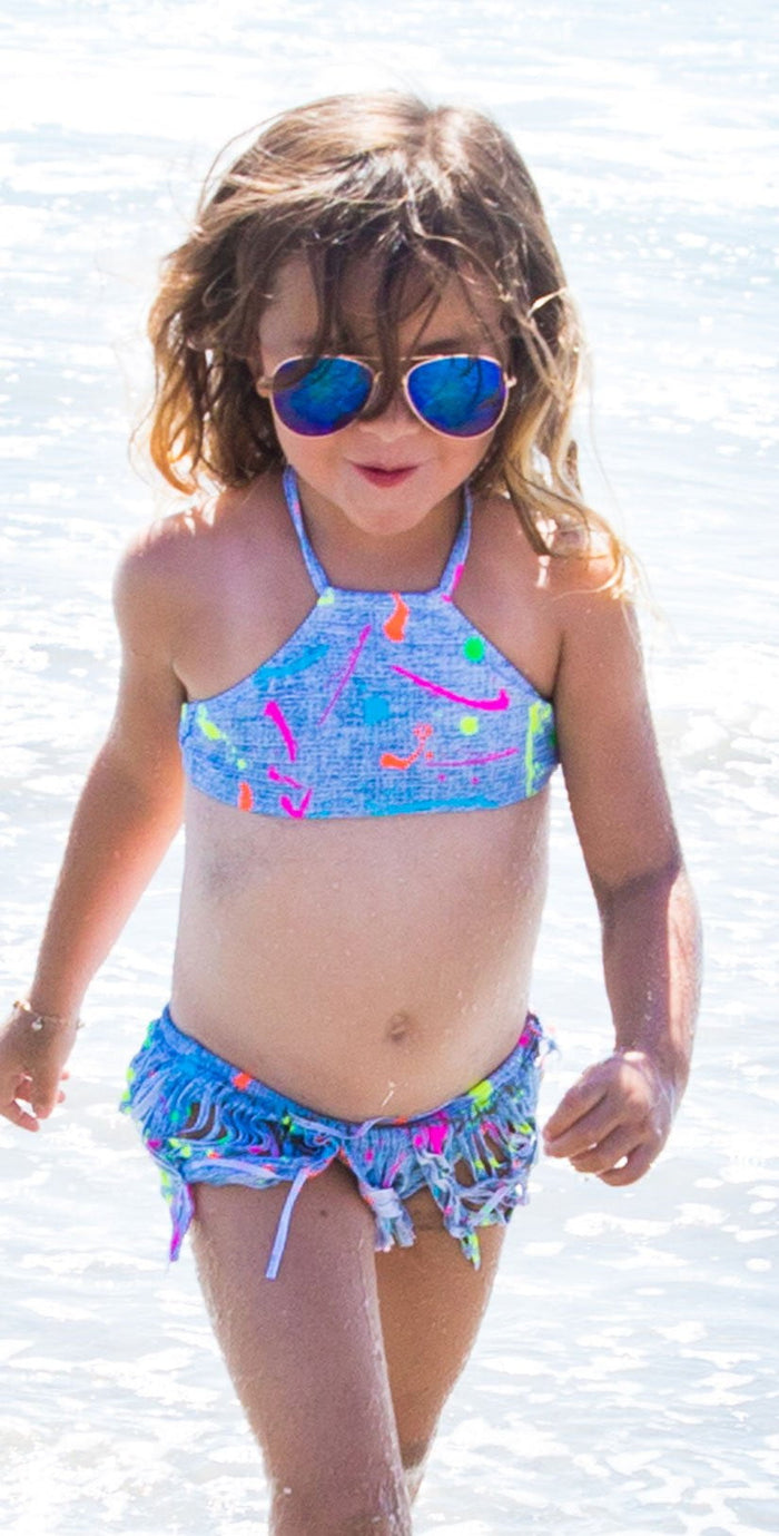 PilyQ Girl's Splatter Paint High Neck Fringe Bikini Set SPL-818B: