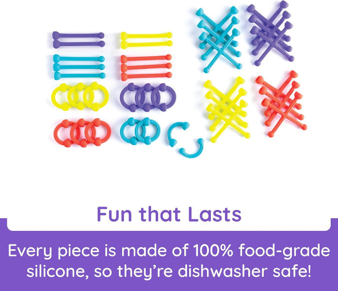 Colorful silicone interlocking toys on a white background with text about food-grade safety.