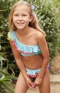 PQ Swim Cabana Blue One Shoulder Pom Pom Girls Bikini front lifestyle