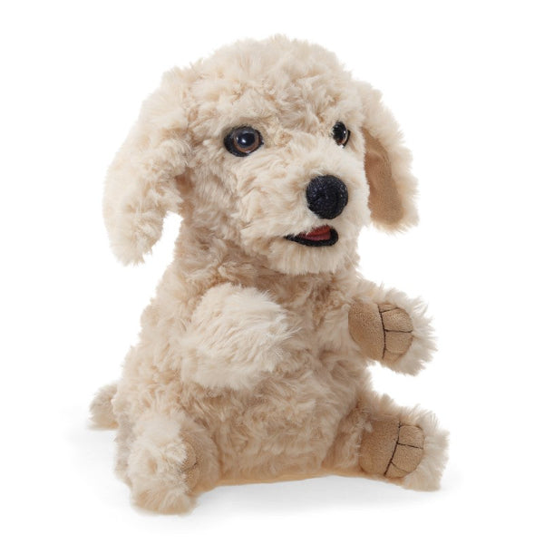 A puppy dog hand puppet with curly cream-colored fur, dark brown eyes, a black nose, and a small red tongue.