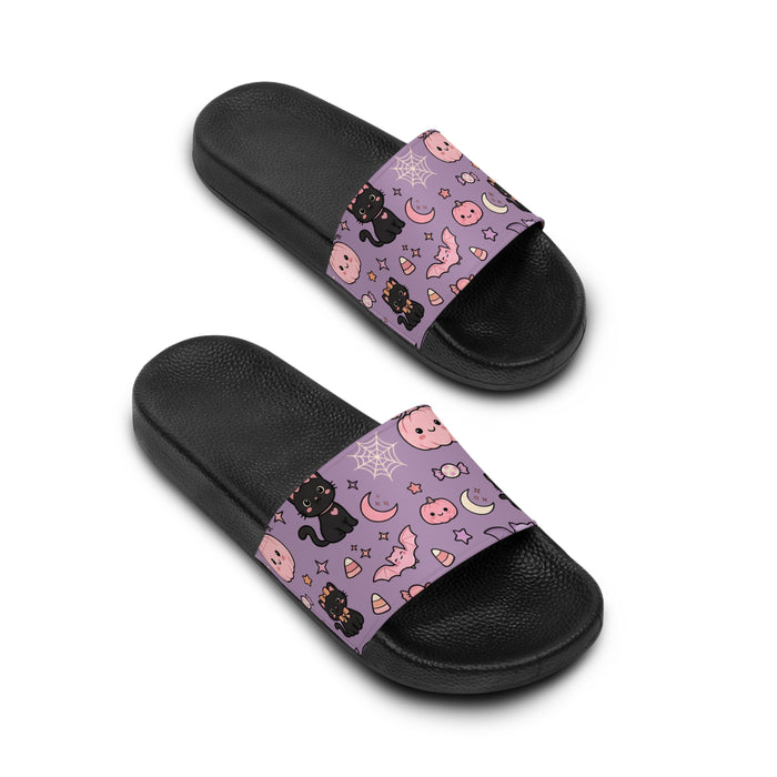 Purple Cute Halloween Slides – Kawaii Pumpkin & Black Cat Summer Sandals