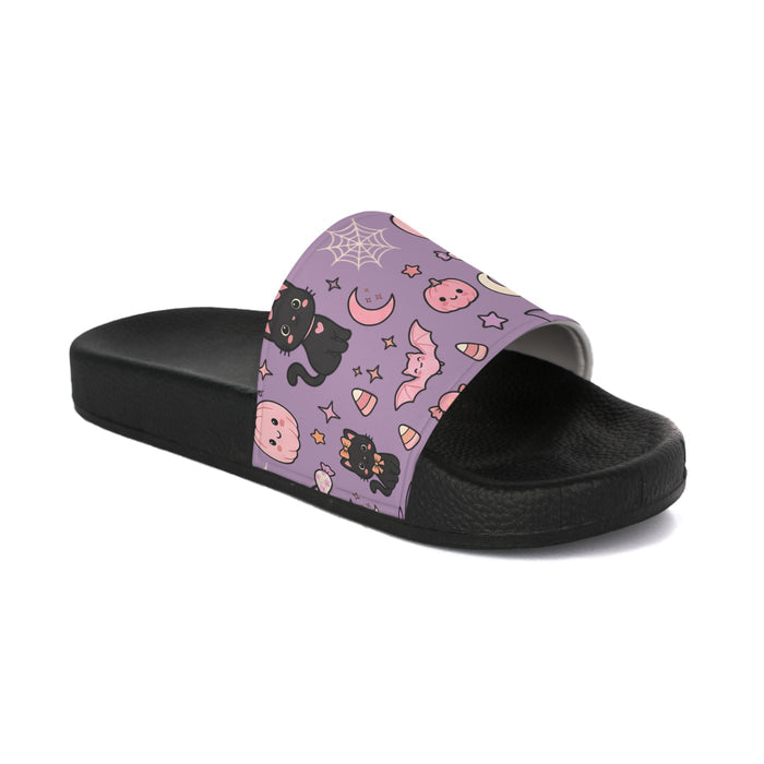 Purple Cute Halloween Slides – Kawaii Pumpkin & Black Cat Summer Sandals