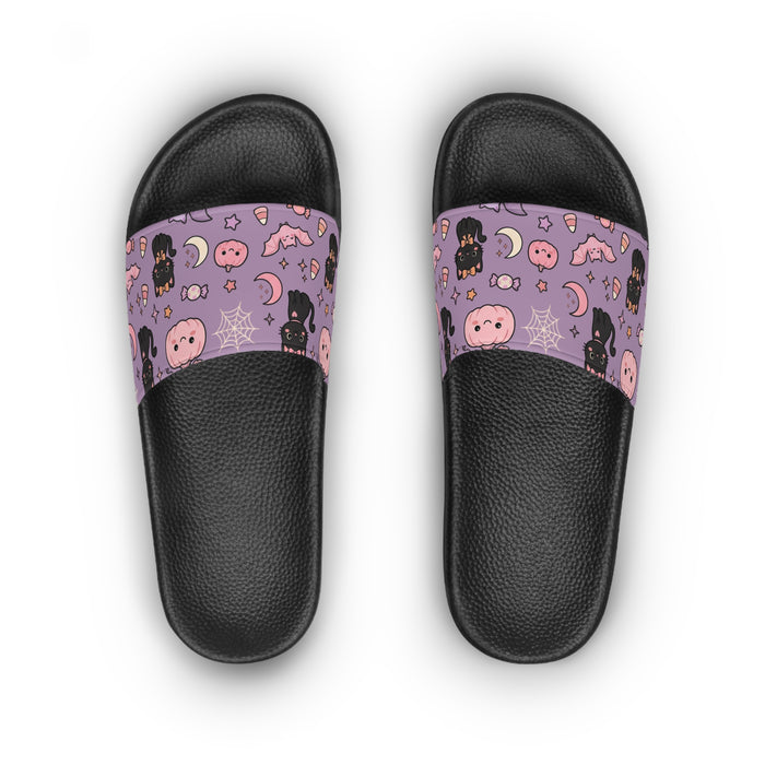 Purple Cute Halloween Slides – Kawaii Pumpkin & Black Cat Summer Sandals