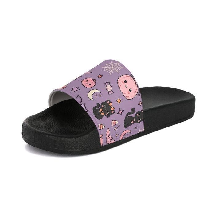 Purple Cute Halloween Slides – Kawaii Pumpkin & Black Cat Summer Sandals