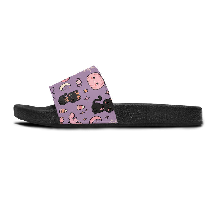 Purple Cute Halloween Slides – Kawaii Pumpkin & Black Cat Summer Sandals