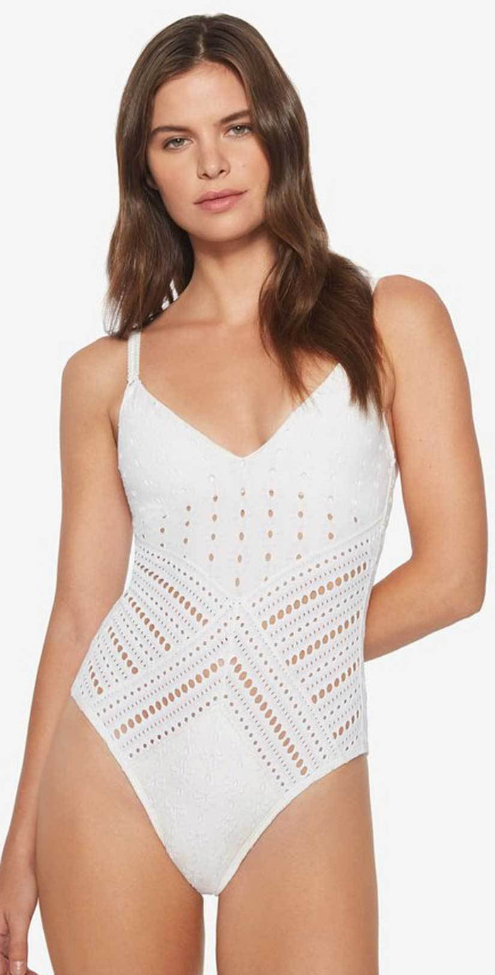 Robin Piccone Clarissa V Neck Crochet One Piece In White 180311-WHT: