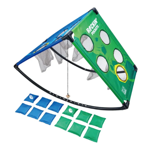 Outdoor game set with green and blue targets and bags on a white background