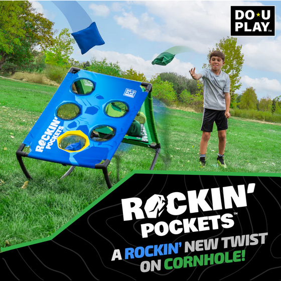 Child playing with a 'Rockin' Pockets' cornhole game in an outdoor setting.
