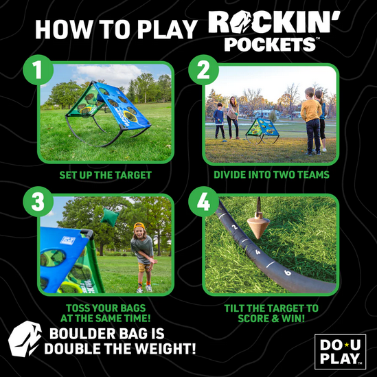 Instructions for playing Rockin' Pockets game with images and text on a black background