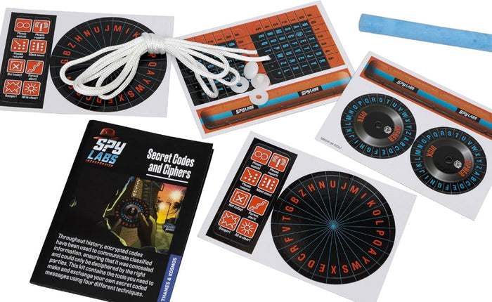 Spy Labs Secret Codes and Ciphers kit with educational materials and spy-themed items.