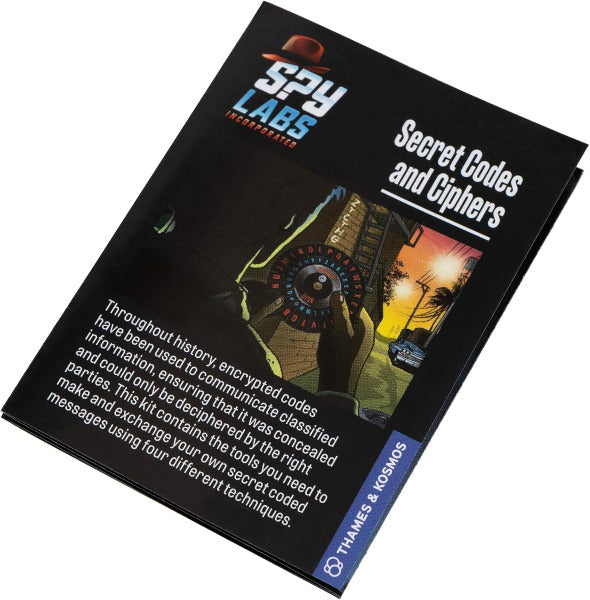 Spy Labs Secret Codes and Ciphers kit packaging with text and spy-themed illustration.