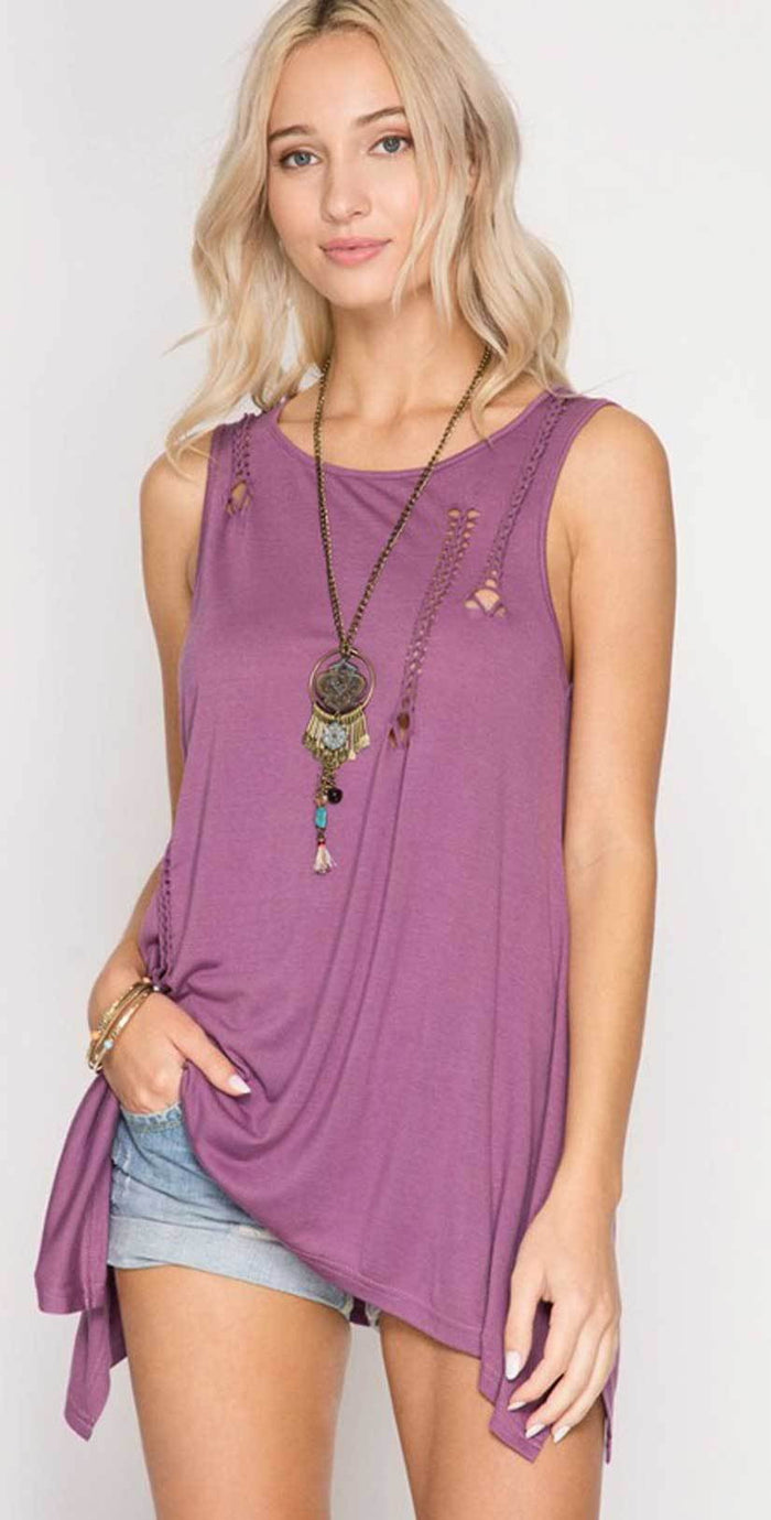 She + Sky Sleeveless Top with Braided Cutout Detail SL5262: