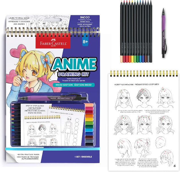 Faber-Castell anime drawing kit with coloring book, pencils, and pen.