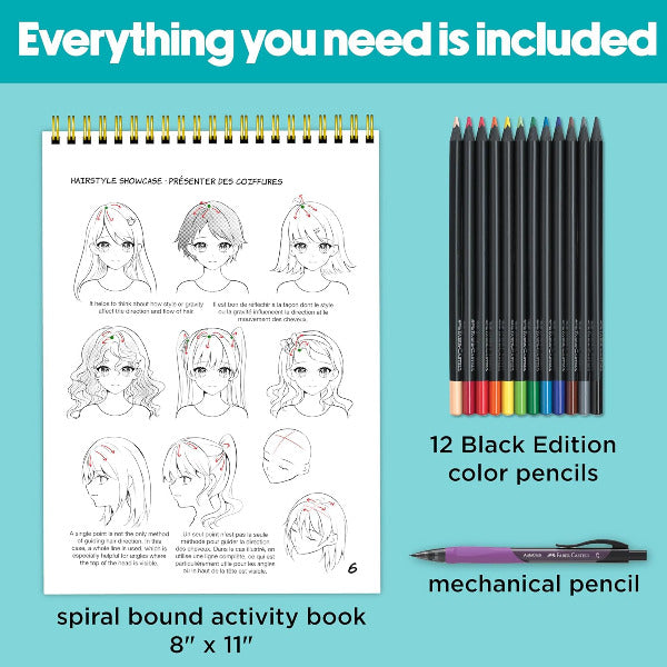 Coloring set with spiral-bound activity book, 12 black edition color pencils, and a mechanical pencil on a blue background.