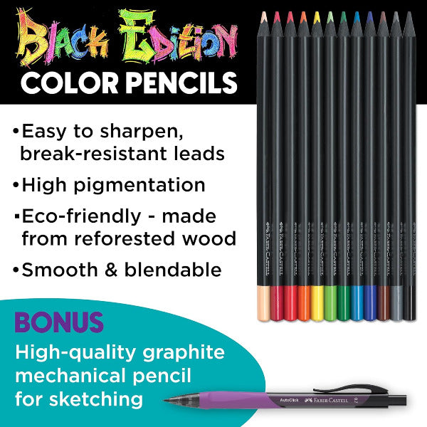 Color pencils with a promotional text overlay on a black background