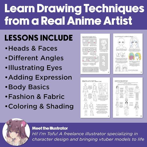 Advertisement for drawing lessons with anime artist Tofu, featuring illustrations of character design.