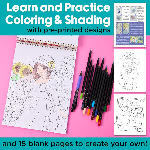 Coloring book with pre-printed designs and blank pages, featuring coloring pencils.