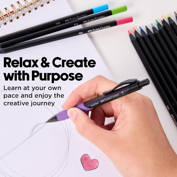Hand holding a pen with colored pencils and text 'Relax & Create with Purpose' on a white background.