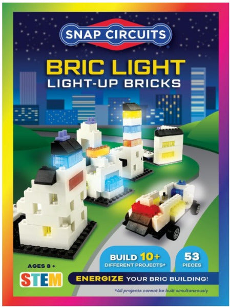 Snap Circuits Bric Light Light-Up Bricks packaging with colorful border and cityscape background.