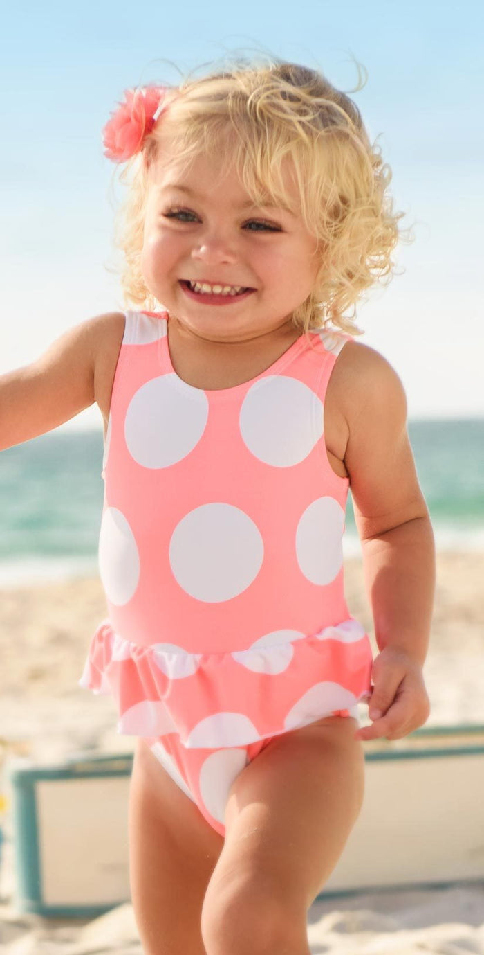 Snapperrock Little Girl's Neon Coral Spot Skirted Swimsuit G13075: