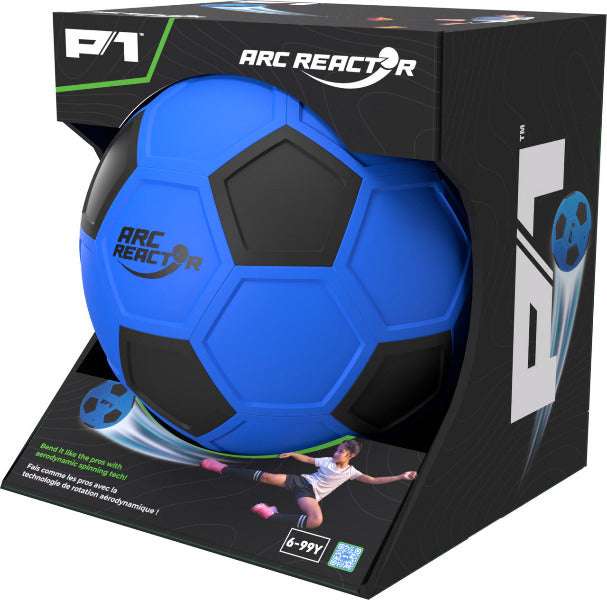 Blue and black soccer ball in packaging with 'Arc Reactor' branding