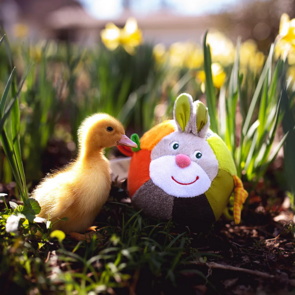 Plush toy resembling a rabbit and a duckling in a grassy field with flowers.