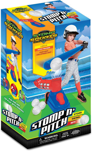 Box of Stomp N' Pitch toy with a child playing baseball