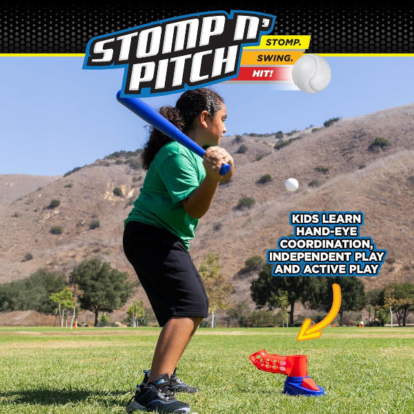 Child playing with 'Stomp n' Pitch' outdoor game equipment on a grassy field with mountains in the background.