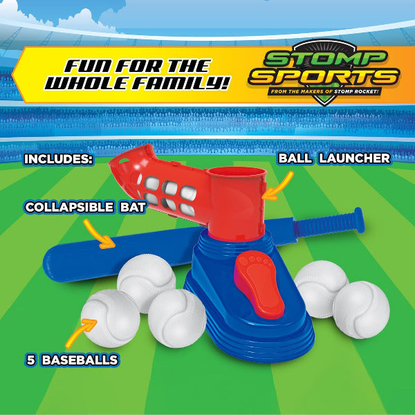 Stomp Sports ball launcher set with balls on a sports field background
