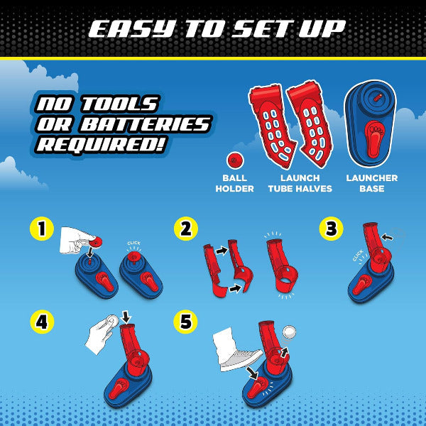 Step-by-step assembly guide for a toy launcher with red and blue components on a blue background.