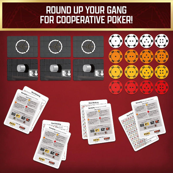 Cooperative poker game components including cards, chips, and game pieces on a red background.