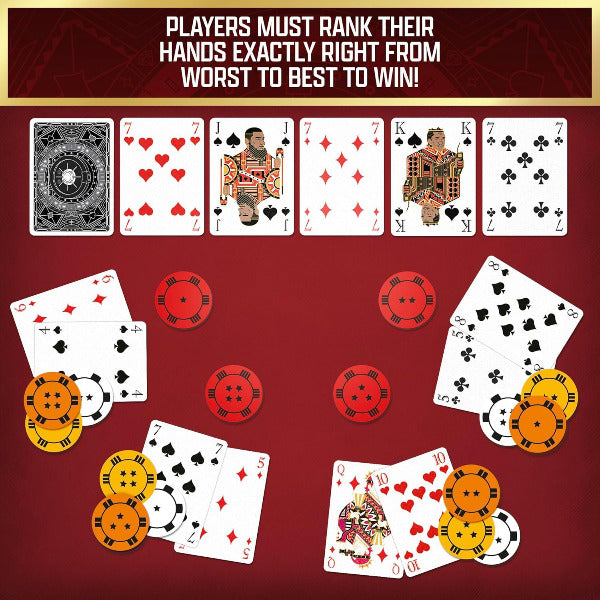 Playing cards with poker chips on a red background, featuring card rankings and poker chip values.