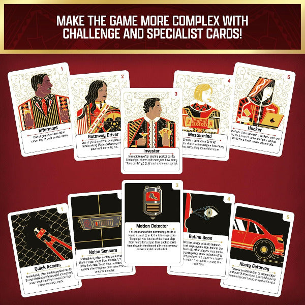Set of game cards with characters and text on a red background