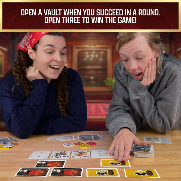 People playing a card game with text about opening vaults to win.