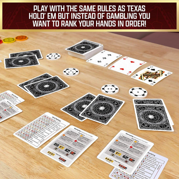 Card game setup on a wooden table with text overlay