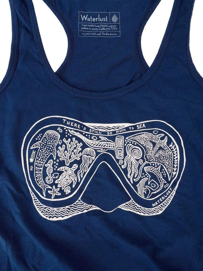 Waterlust "There's Still So Much To Sea" 100% Organic Cotton Tank Top - close up of diving mask design