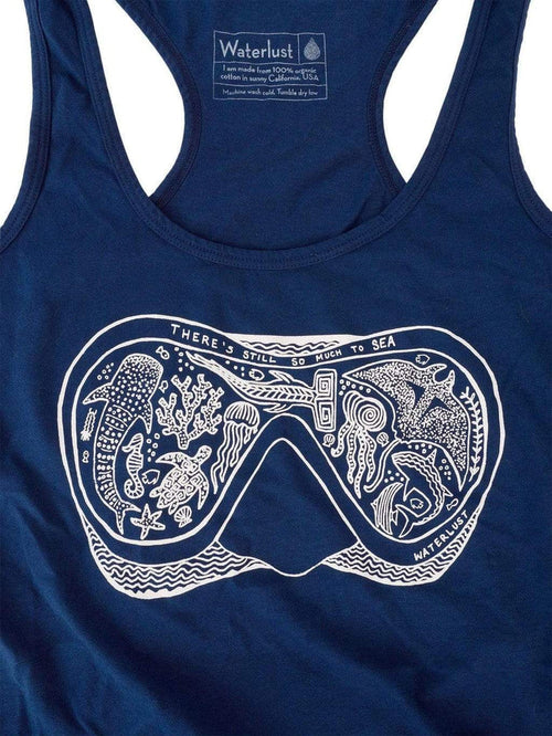 Waterlust "There's Still So Much To Sea" 100% Organic Cotton Tank Top - close up of diving mask design