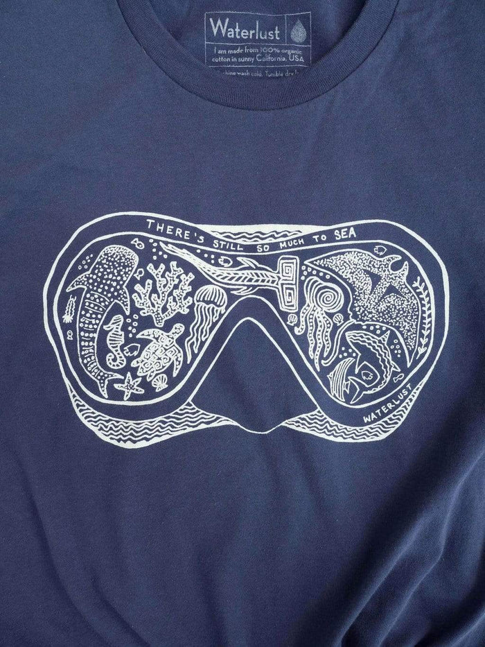 Waterlust "There's Still So Much To Sea" 100% Organic Cotton T Shirt - close up of diving mask design