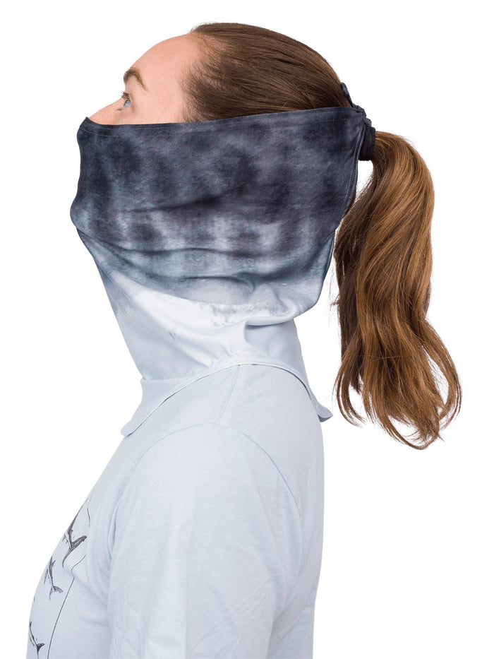 Model: Back tie to adjust size around face, or attach to a hat or ponytail.