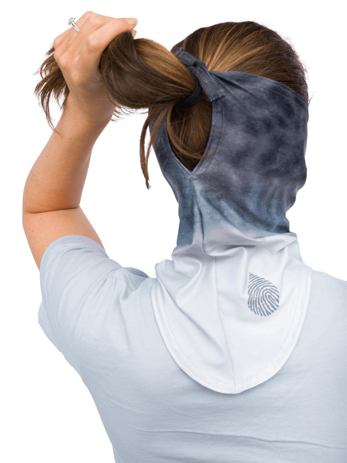 Model: Back tie to adjust size around face, or attach to a hat or ponytail.