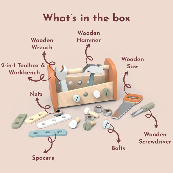 Wooden toy toolbox with tools and components