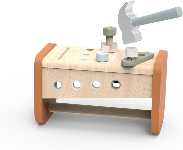 Wooden toy workbench with tools