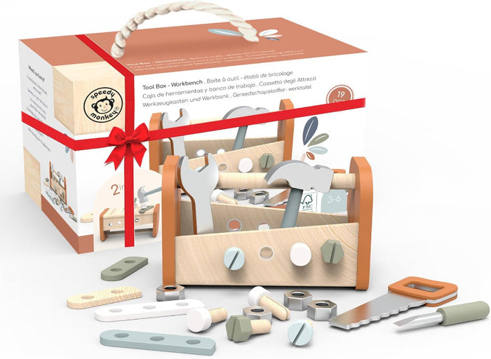 Wooden toy tool set with tools and toolbox