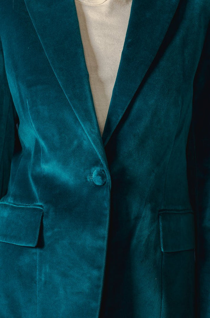 EDWIN USA deep lagoon velvet jacket in rich teal with single button and flap pockets
