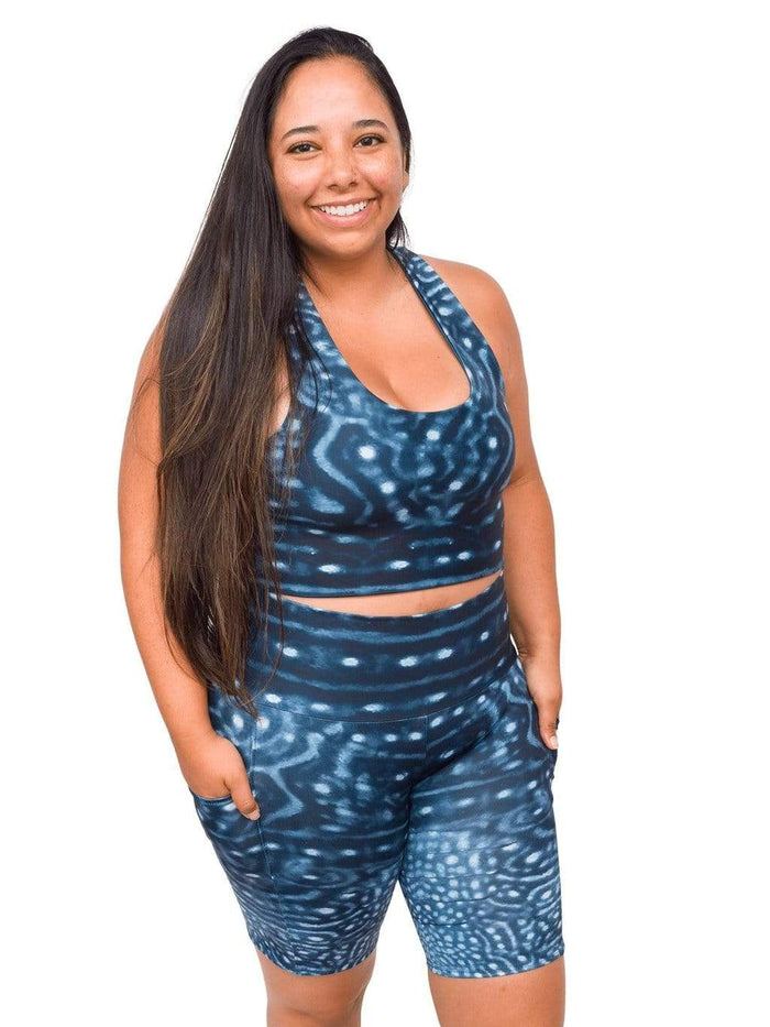 Model: Meagan is a biologist with a focus on water quality who loves to wear her heart on her sleeve while advocating for marine science and conservation. She is 5'3", 155 lbs, 36DD and is wearing a L top and shorts.