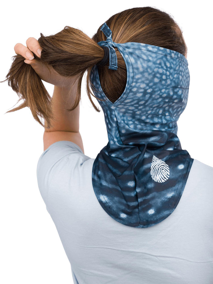 Model: Back tie to adjust size around face, or attach to a hat or ponytail.