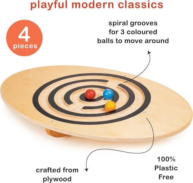Modern classic, plywood balance board with spiral grooves for balls to move around