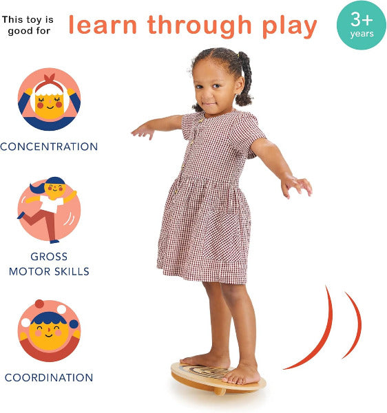 Child on a balance board with educational benefits listed, including concentration, gross motor skills, and coordination.