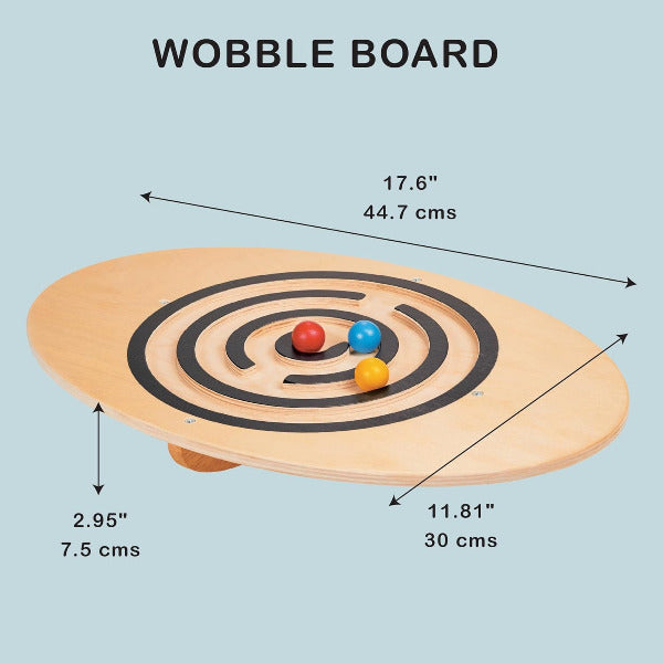 Wooden wobble board with measurements on a light blue background